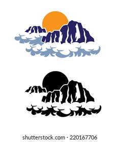 Vector stylized mountains in the clouds against the setting sun