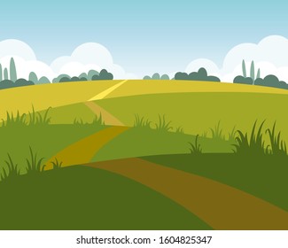 Vector stylized natural landscape. Green field hills