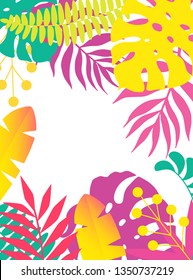 vector stylized neon floral frame made with palm leaves. Trend colors.
