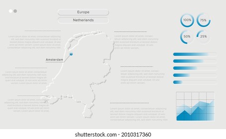 Vector of Stylized Netherlands Map in Simple; Soft; and Clear Futuristic Neumorphism Design on White Background. Minimalistic White Infographic 3D paper cut for User Interface Element.