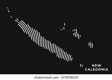 Vector of Stylized New Caledonia Map in Simple Striped White Flat Line on Black Background.