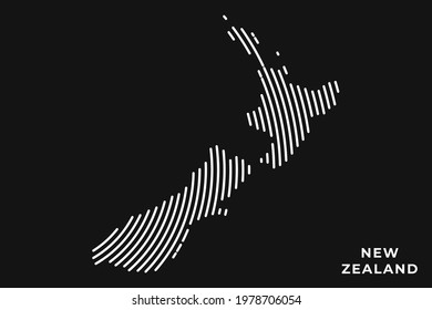 Vector of Stylized New Zealand Map in Simple Striped White Flat Line on Black Background.