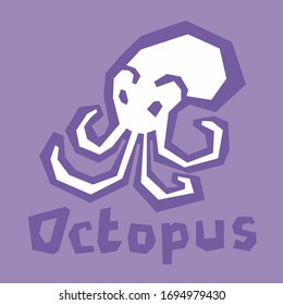 Vector stylized Octopus illustration isolated on violet background. Childish baby octopus icon. Brutal modern style. White icon, thick outline, text. Interactive card for learning the alphabet