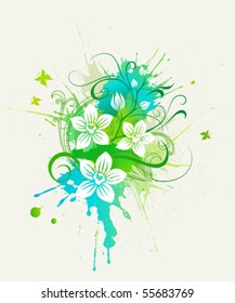 Vector stylized orchids and butterflies.  Summer floral background.