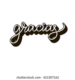 Vector stylized original hand lettering. Hand drawn word Gracias in spanish Thank you in a three-dimensional form. Black and white calligraphy letters isolated on a white background