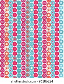 Vector stylized  ornament of knitting by a hook  - "crochet" textile ornament with blue, orange, pink flowers on white background