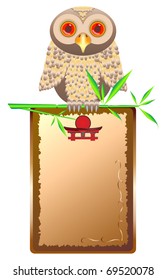 Vector stylized owl on green bamboo shoot, holding in the paws of the frame