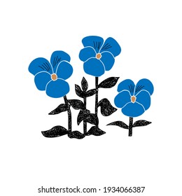 Vector stylized pansies. Its have blue flowers and black shaded leaves on white background. This illustration is for a poster, card and textile print