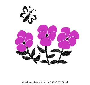 Vector stylized pansies. Its have hot pink flowers, butterfly and black shaded leaves on white background. This illustration is for a poster, card and textile print