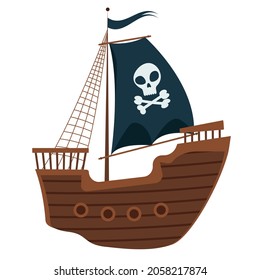 Vector stylized pirate ship with a flag and black sails with pirate symbols. Pirates theme. Cute vector drawing in flat style.