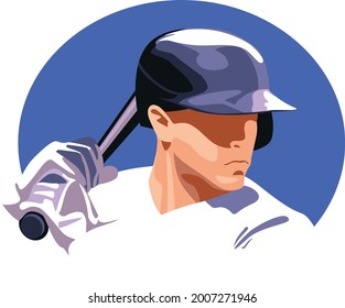 Vektorstilisiertes Porträt eines Baseballspielers drehte sich um und schwang den Schläger für einen Schlag. Baseballathlet auf weißer Uniform auf blauem ovalem Hintergrund.