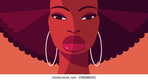 Vector stylized portrait of beautiful young black woman with long curly hair and white hoop earrings. Side light portrait.