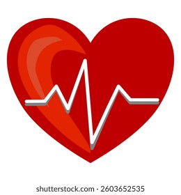 A vector stylized red heart with a white electrocardiogram line running through it, symbolizing health and vitality.