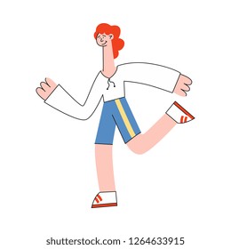 Vector stylized redhead woman running pace smiling. Happy female cute sportsman working out, student or businessman in a hurry. Active young character, healthy lifestyle. Isolated illustration