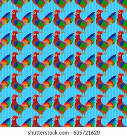 Vector of stylized rooster, hole, spots, cock, doodles on a blue background. Hand drawn. Seamless cock background.