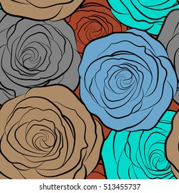 Vector stylized roses. Denim floral background. Jeans background with rose flowers. Denim seamless pattern. Blue jeans cloth.
