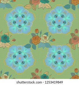 Vector stylized roses. Jeans background with green, beige and blue rose flowers. Denim floral background. Blue jeans cloth. Denim seamless pattern.