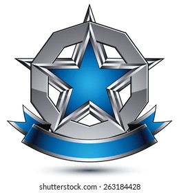 Vector stylized rounded symbol isolated on white background.  Glamorous silver star placed on a round surface, clear EPS 8, glossy star with a ribbon.
