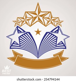 Vector stylized royal symbol. Aristocratic graphic emblem with five pentagonal stars and wavy band, celebrative eps8 template. Corporate brand icon, award concept theme design element.