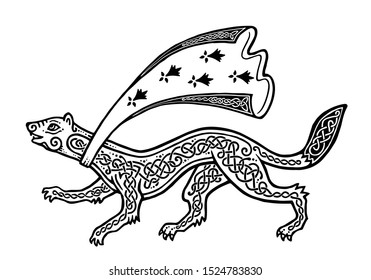 Vector Stylized Running Ermine With Black Celtic Ornament And Breton Mantle, Blazonry Illustration Isolated On White Background