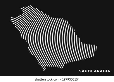 Vector of Stylized Saudi Arabia Map in Simple Striped White Flat Line on Black Background.