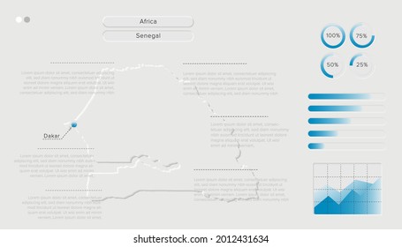 Vector of Stylized Senegal Map in Simple; Soft; and Clear Futuristic Neumorphism Design on White Background. Minimalistic White Infographic 3D paper cut for User Interface Element.