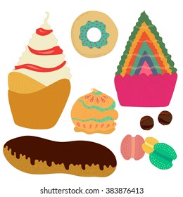 Vector stylized set of most popular confectionery isolated on white. Food and catering industry, design element, parts for decoration recipes, magazine and book articles, sign boards and covers.