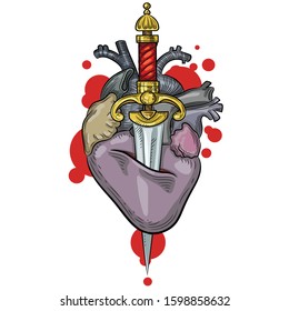 Vector stylized shaped heart illustration with a dagger in it and blood veins