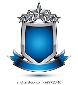 Vector stylized shield symbol isolated on white background.  Glamorous silver star, clear EPS 8, five stars insignia with a curvy band.