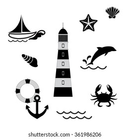 Vector stylized signs on the marine theme in black and white col
