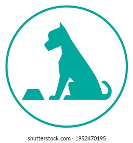 Silueta estilizada vectorial de un perro sentado al lado de un tazón. Concepto del logo del perro y el tazón.
