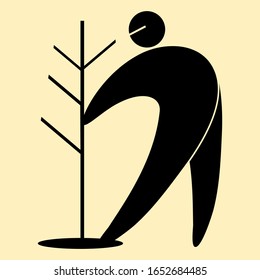 Vector stylized silhouette of a man sits a tree isolated on a white background. Icon, symbol, logo, pictogram. The concept of spring work on a personal, agricultural plot, ecology. To plant a tree