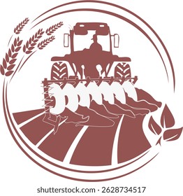 Vector stylized silhouette of a tractor plowing land. Agricultural icon design in monochrome style. Symbol of soil preparation and farming processes.