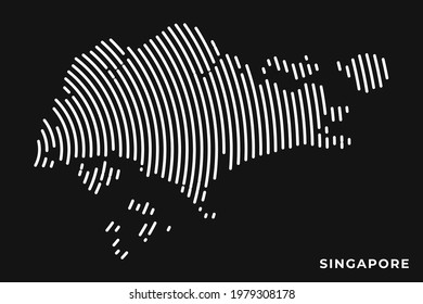 Vector of Stylized Singapore Map in Simple Striped White Flat Line on Black Background.