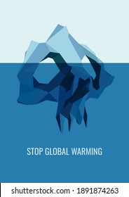 vector stylized social poster on the theme of ecology, ecological crisis, global warming and saving glaciers. The underwater part of the iceberg is made in the form of a skull. stop global warming.