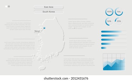 Vector of Stylized South Korea Map in Simple; Soft; and Clear Futuristic Neumorphism Design on White Background. Minimalistic White Infographic 3D paper cut for User Interface Element.