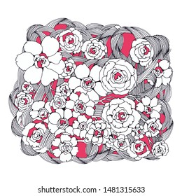 Vector stylized spring and summer flowers. Drawing hands, ready composition for the design of greeting cards, invitations, posters, prints. Individual, exclusive pattern of flowers, Sakura, rose