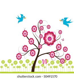 Vector stylized spring tree & birds.