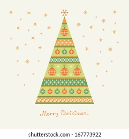 Vector stylized striped christmas tree with balls and snowflakes. Winter background with lettering - Merry Christmas. Holiday invitation and greeting card. Abstract drawing ornamental illustration