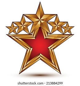 Símbolo vectorial estilizado aislado en fondo blanco.  Glamorosa estrella dorada, EPS transparente 8, insignia de cinco estrellas con relleno rojo.