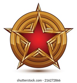 Vector stylized symbol isolated on white background.  Glamorous red stars with golden borders, clear EPS 8, 3d pentagonal refined insignia placed in a majestic ring.