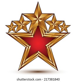 Vector stylized symbol isolated on white background.  Glamorous golden star, clear EPS 8, five stars insignia with red filling.