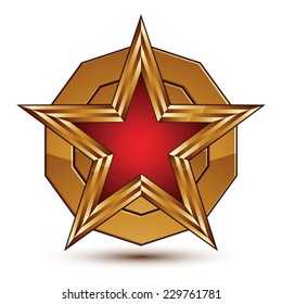 Vector stylized symbol isolated on white background.  Glamorous red star with golden outline, clear EPS 8, round refined insignia.