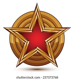 Vector stylized symbol isolated on white background.  Glamorous red star with golden borders, clear EPS 8, pentagonal refined insignia placed on a round surface.