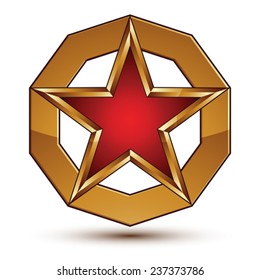 Vector stylized symbol isolated on white background.  Glamorous red star with golden outline, clear EPS 8, pentagonal insignia.