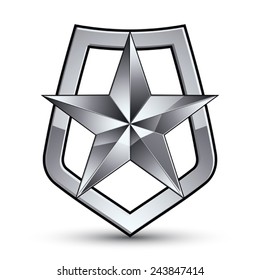 Vector stylized symbol isolated on white background.  Glamorous pentagonal silver star, clear EPS 8, silvery symbolic insignia, aristocratic blazon.