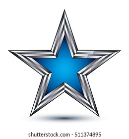 Vector stylized symbol isolated on white background.  Glamorous blue star with silver outline, clear EPS 8, pentagonal decorative 3d insignia. Reward conceptual icon.