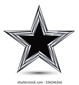 Vector stylized symbol isolated on white background.  Glamorous black star with silver outline, clear EPS 8, pentagonal decorative 3d insignia. Reward conceptual icon.