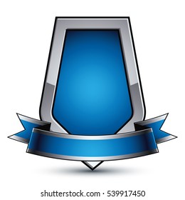 Vector stylized symbol isolated on white background.  Glamorous silver object, clear EPS 8, glossy shield with a ribbon.