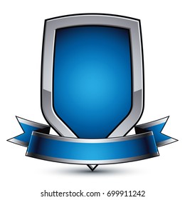 Vector stylized symbol isolated on white background.  Glamorous silver object, clear EPS 8, glossy shield with a ribbon.